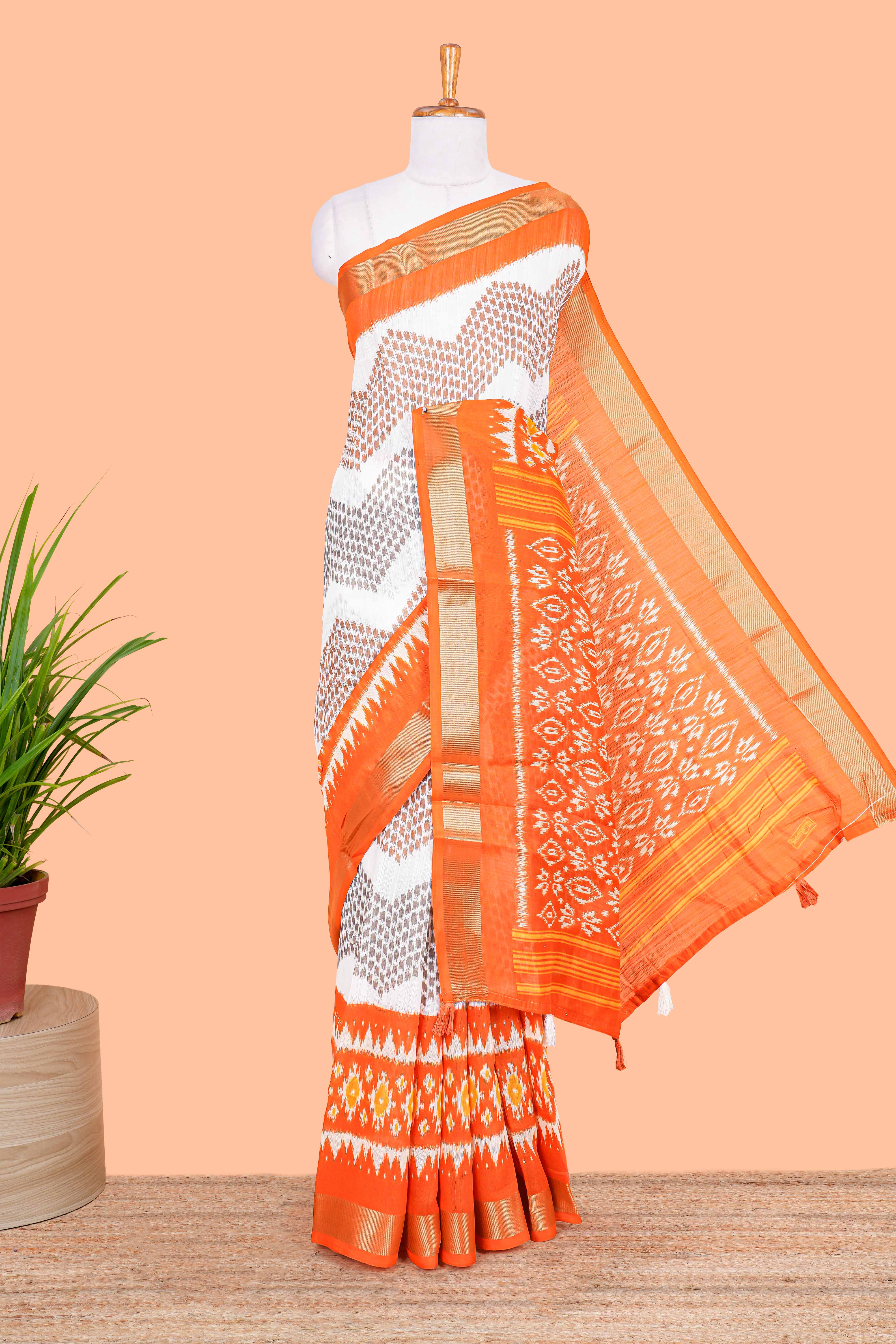 White orange linen cotton saree