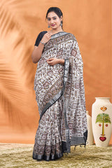 White printed linen saree