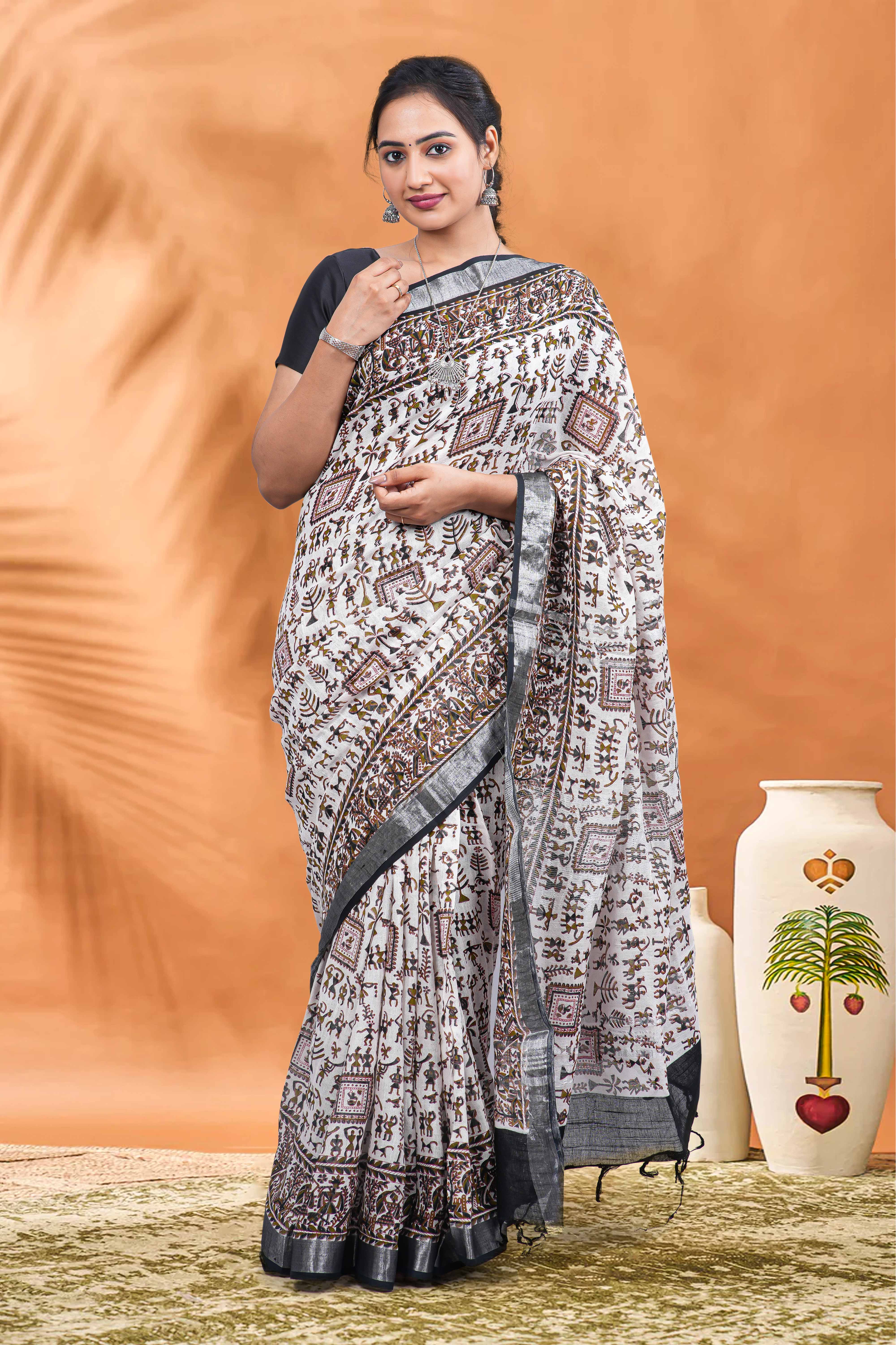 White printed linen saree