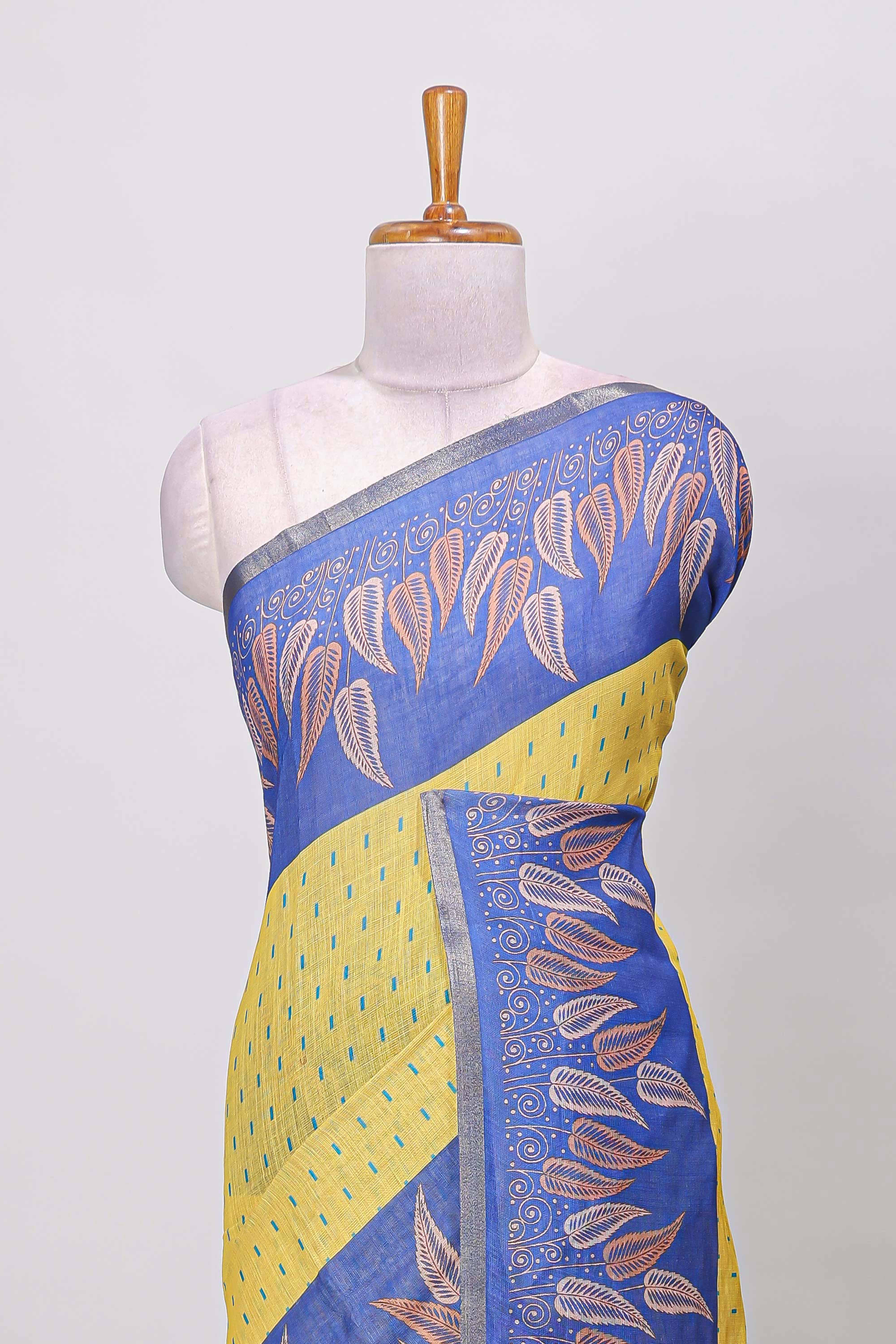 Yellow contrast linen cotton saree