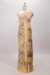 Yellow floral linen cotton saree
