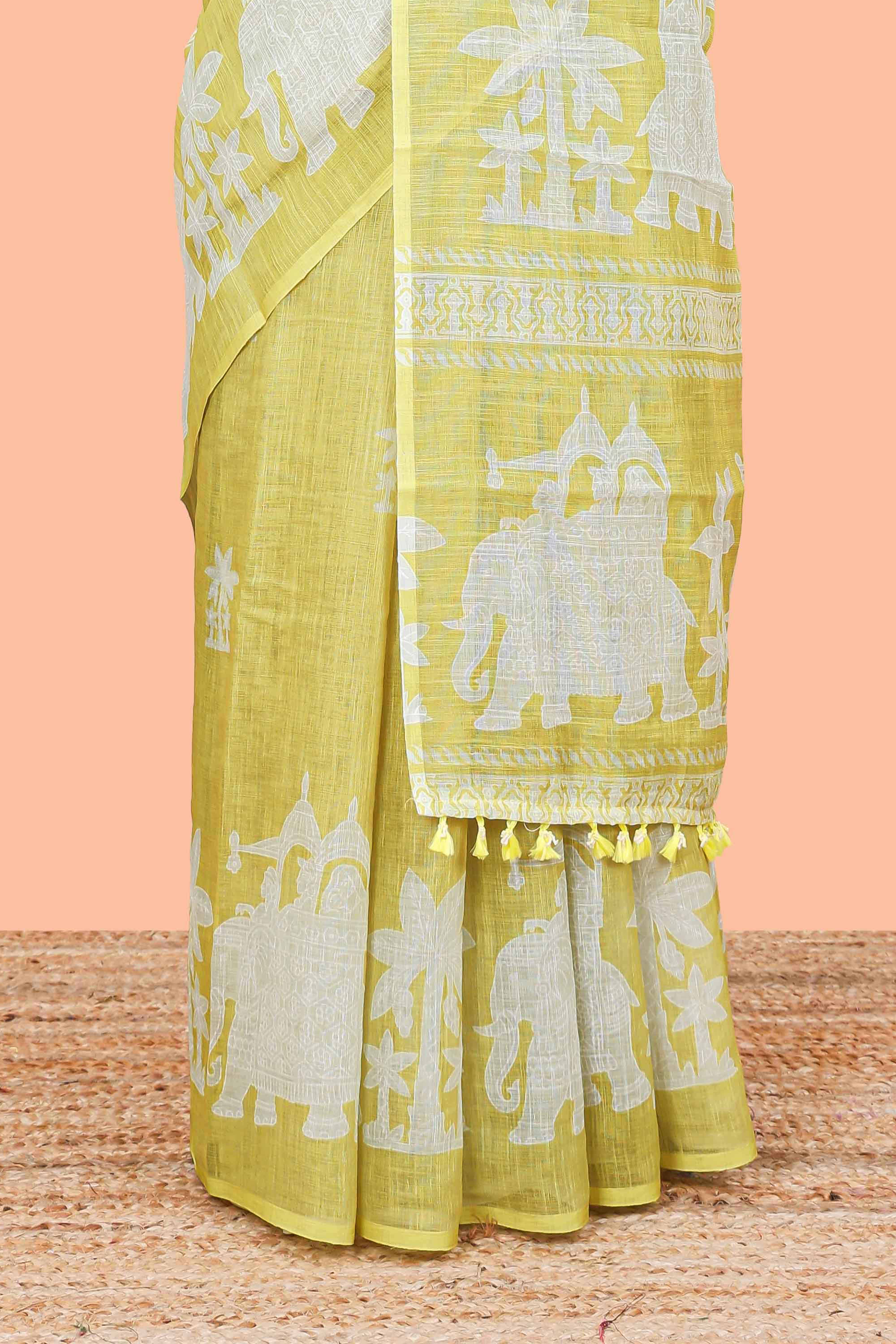 Yellow linen cotton saree for daily wear