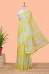 Yellow linen cotton saree with floral print