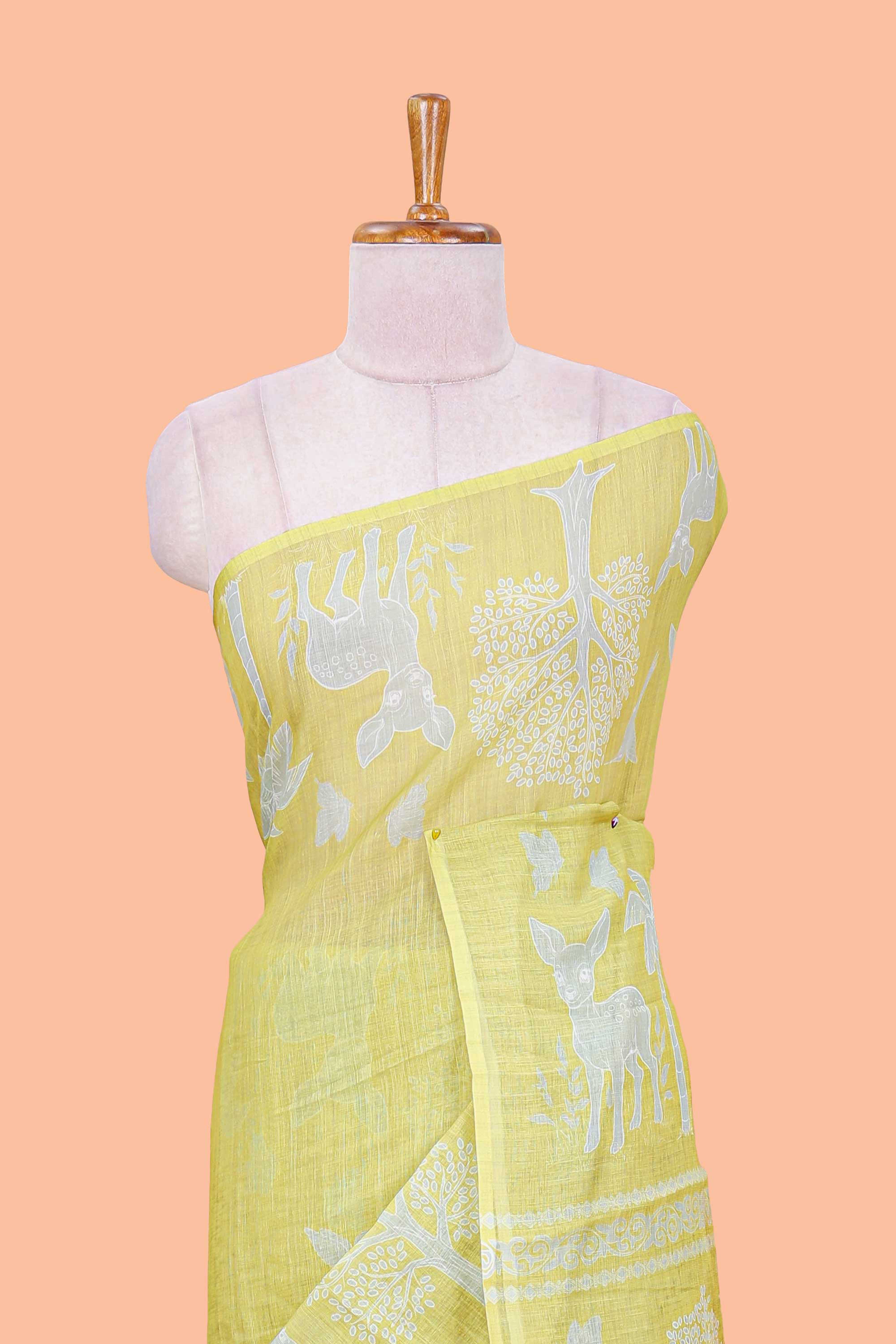 Yellow linen cotton saree with thread work