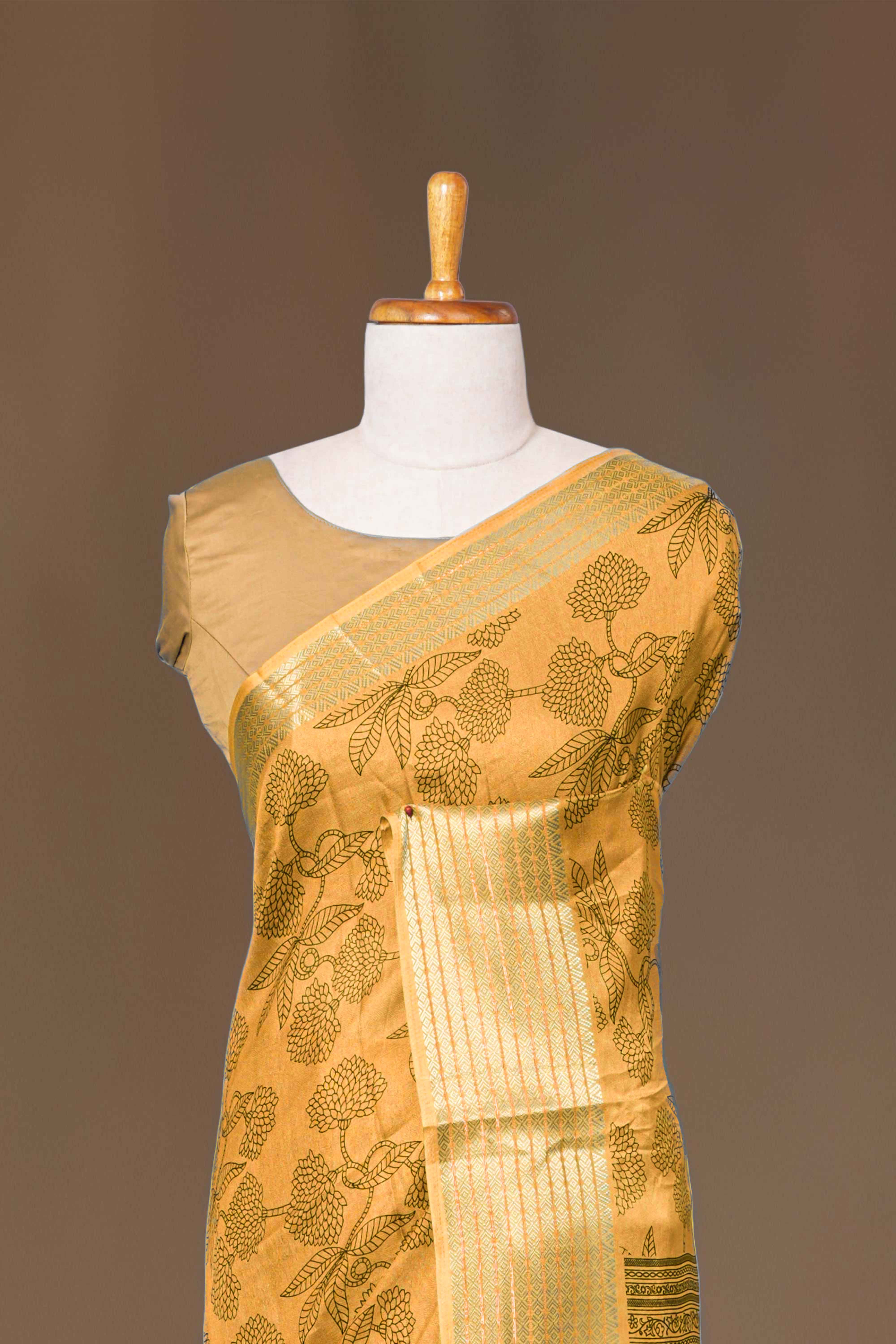 Yellow printed silk dupion saree