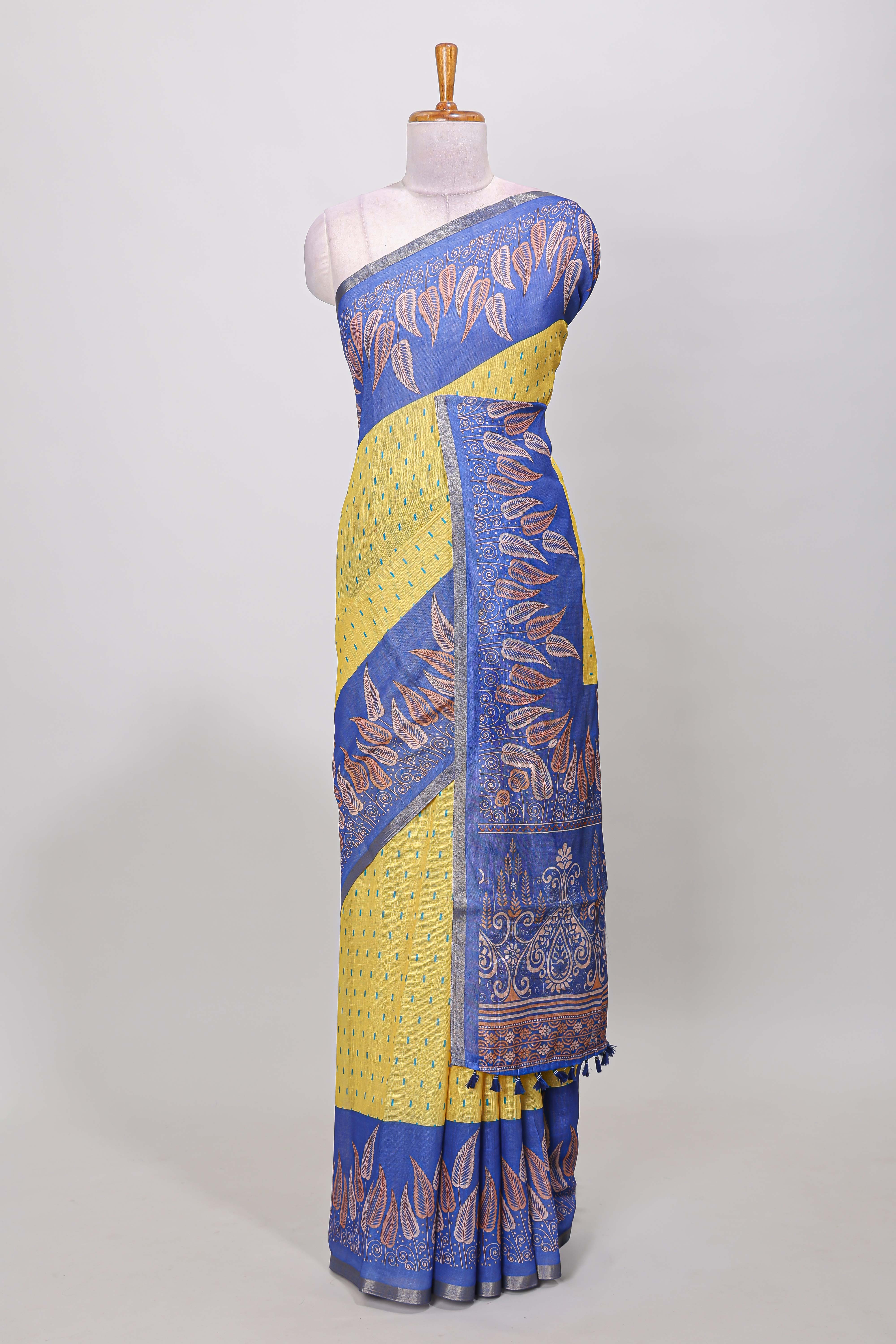 Yellow thread butta linen saree
