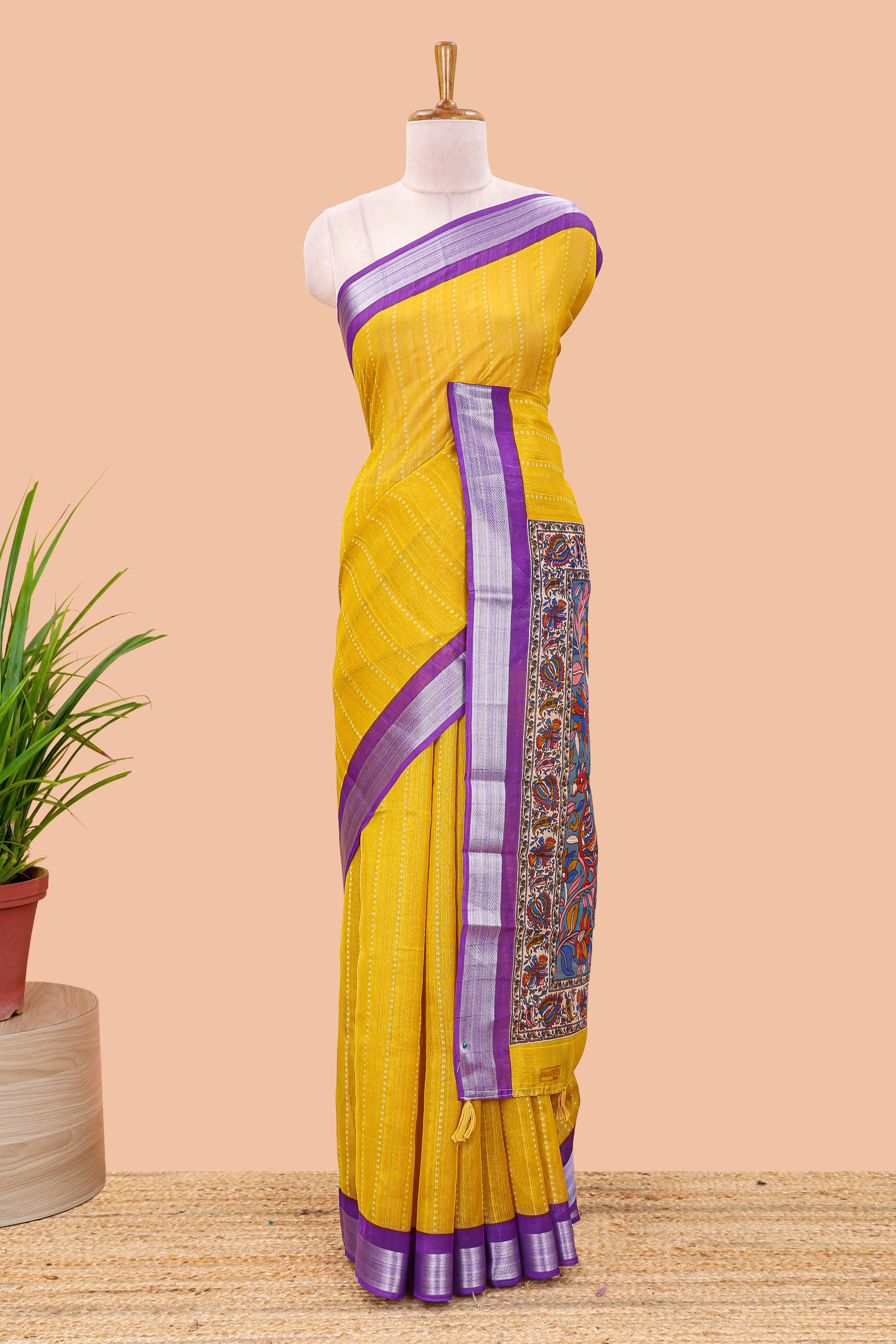 Yellow zari woven linen cotton saree
