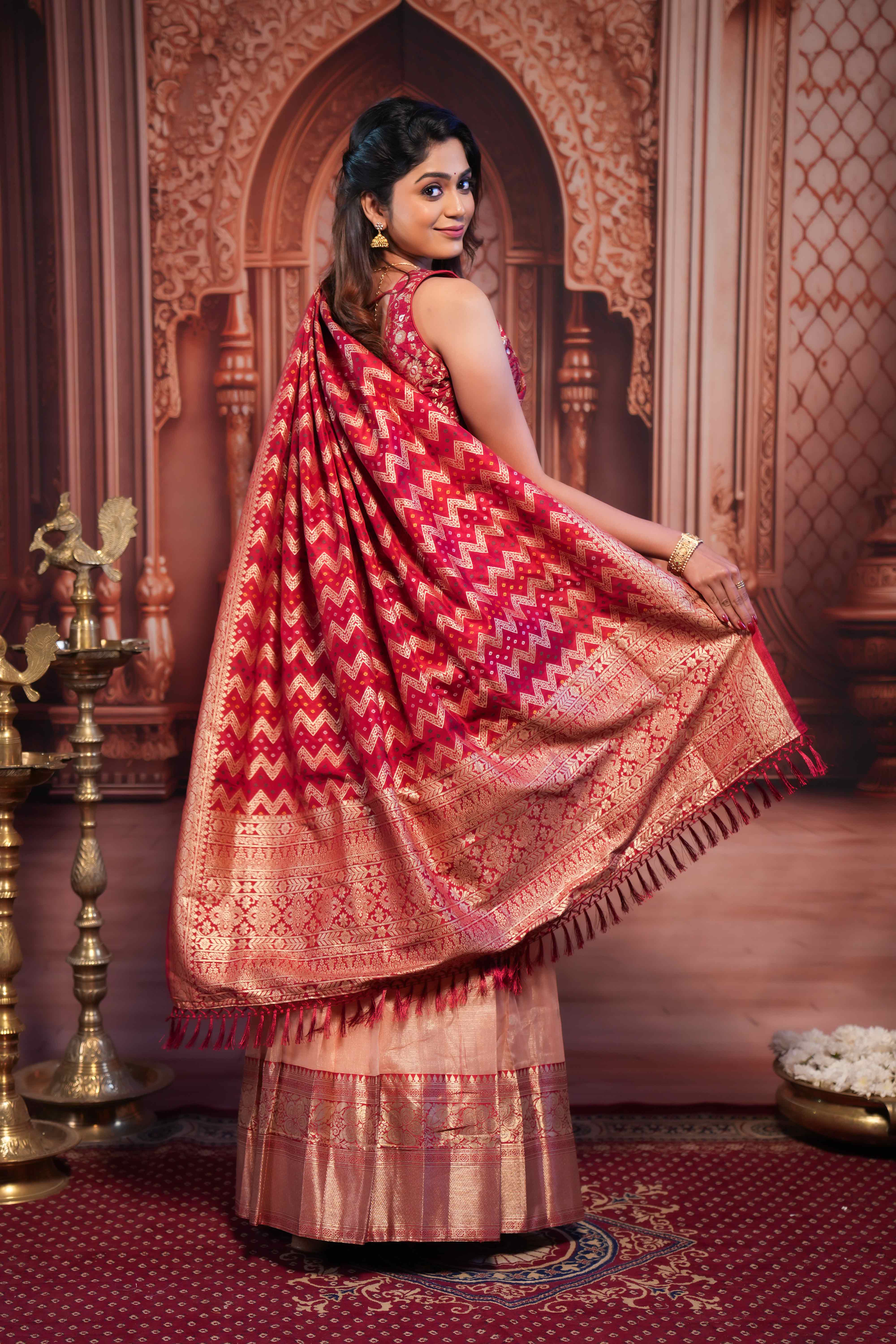 Zari woven ethnic red ensemble
