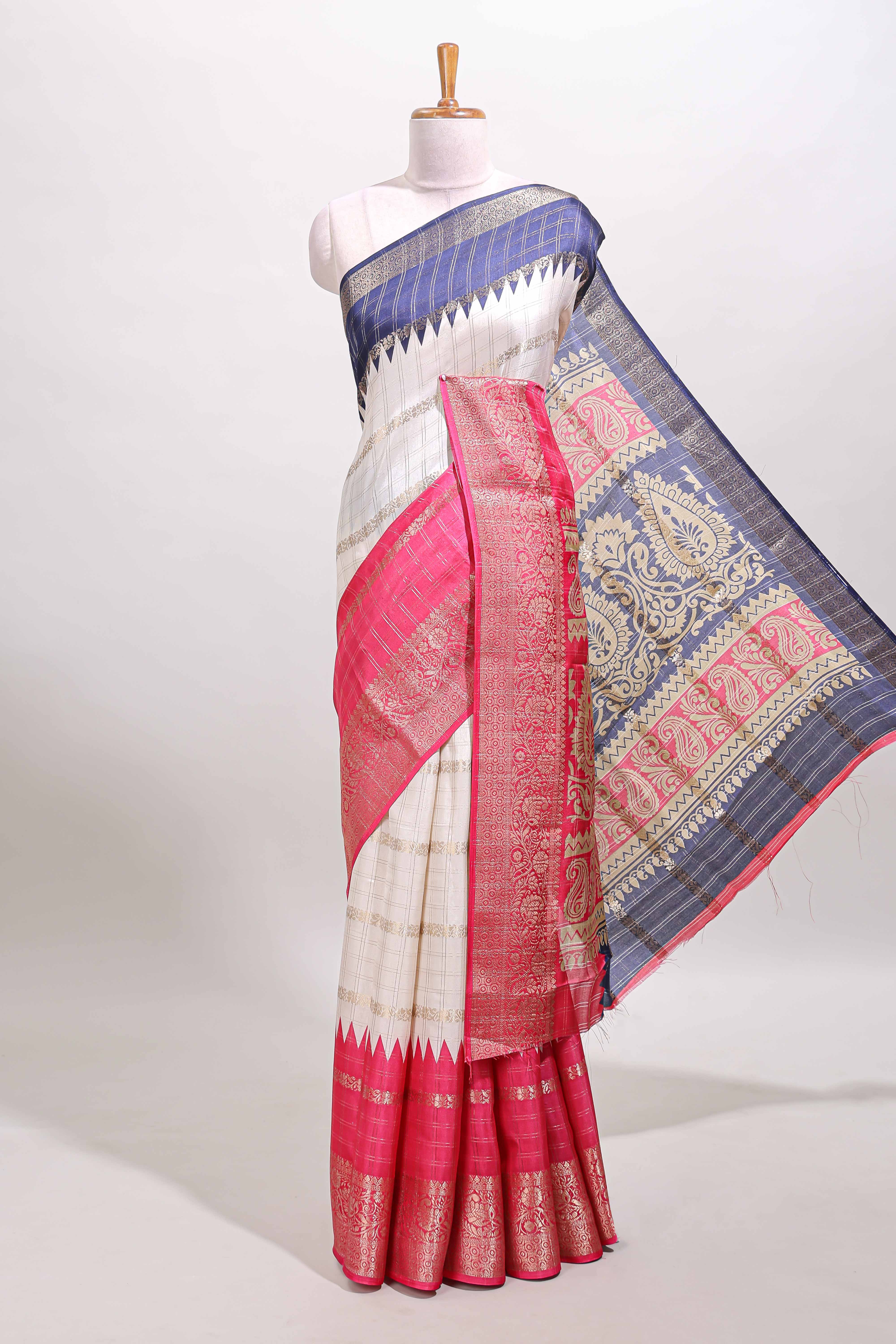 blue and pink color dola silk checks saree