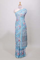 blue contrast pallu linen cotton
