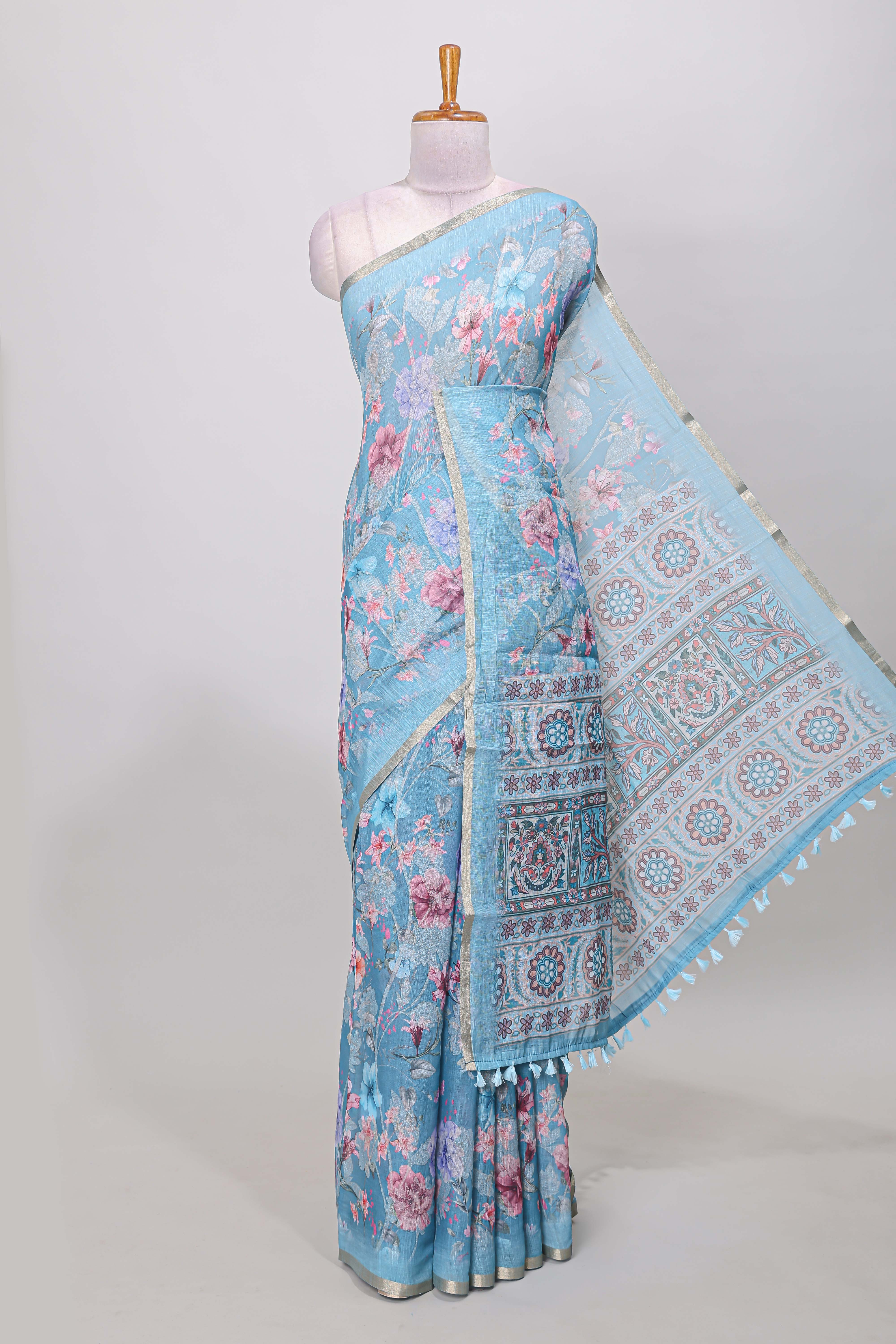 blue floral print linen cotton