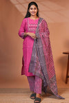 Pink embroidery mirror work design round neck salwar set with 3/4th sleeve, printed bottom and dupatta