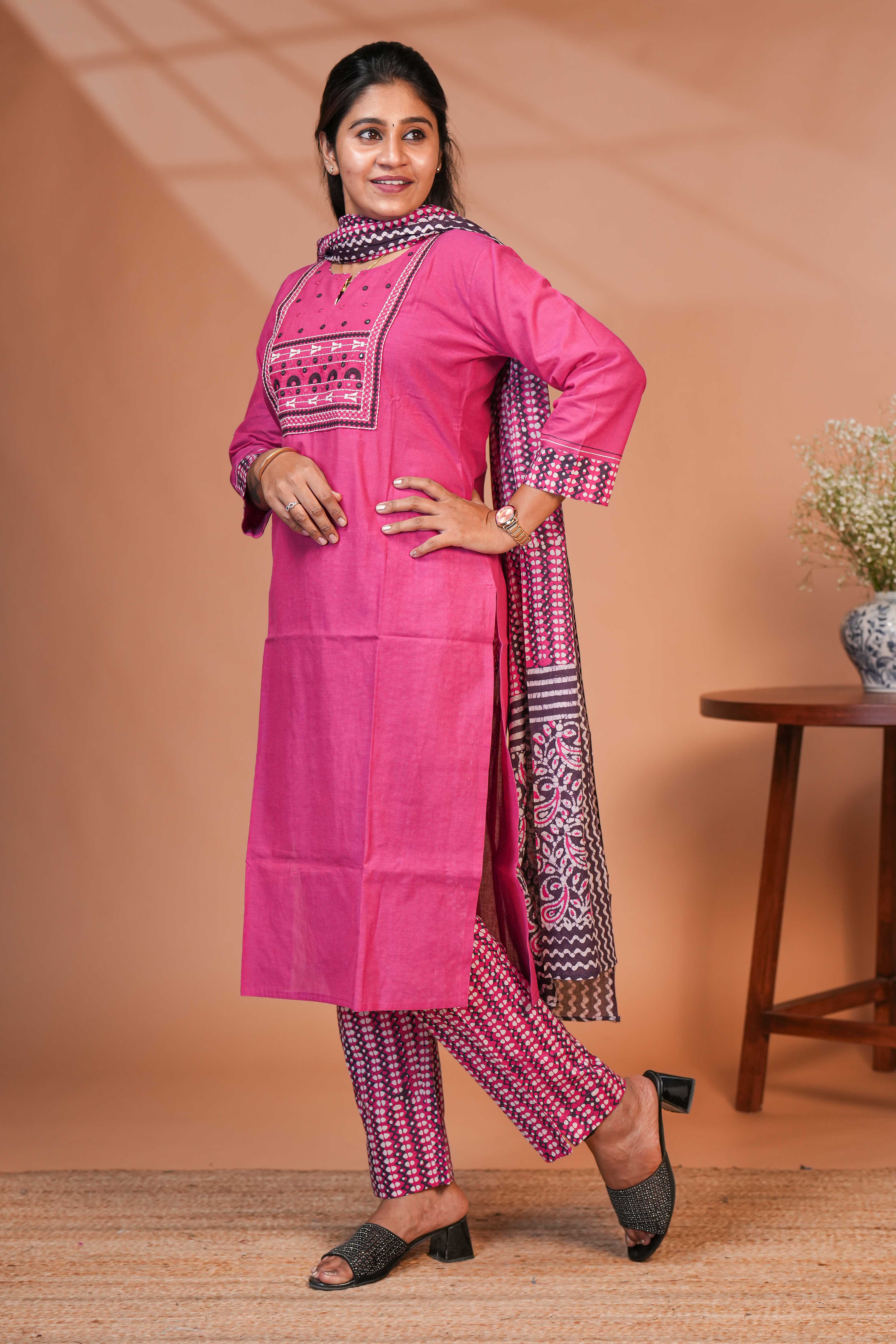 Pink embroidery mirror work design round neck salwar set with 3/4th sleeve, printed bottom and dupatta