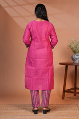 Pink embroidery mirror work design round neck salwar set with 3/4th sleeve, printed bottom and dupatta