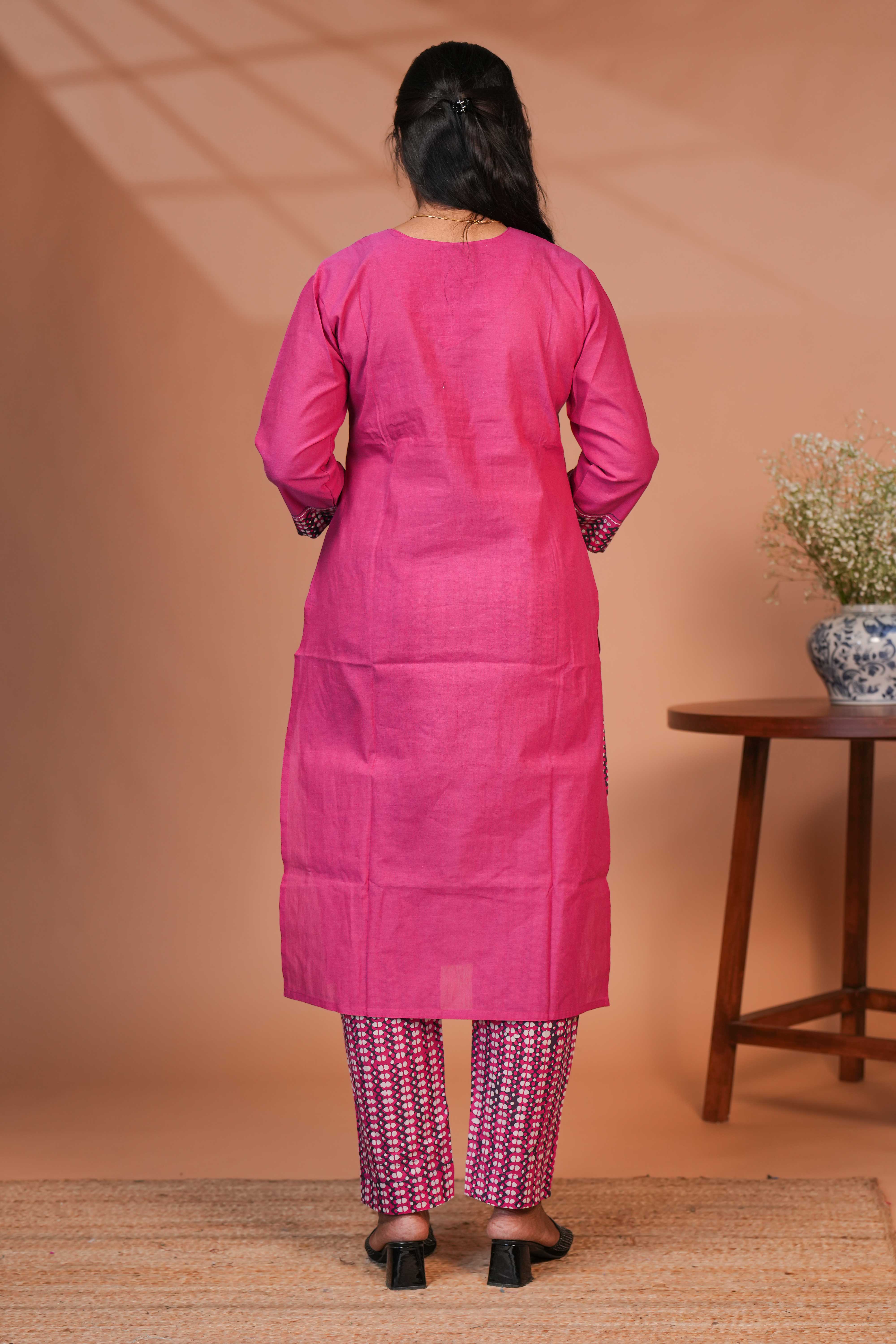 Pink embroidery mirror work design round neck salwar set with 3/4th sleeve, printed bottom and dupatta