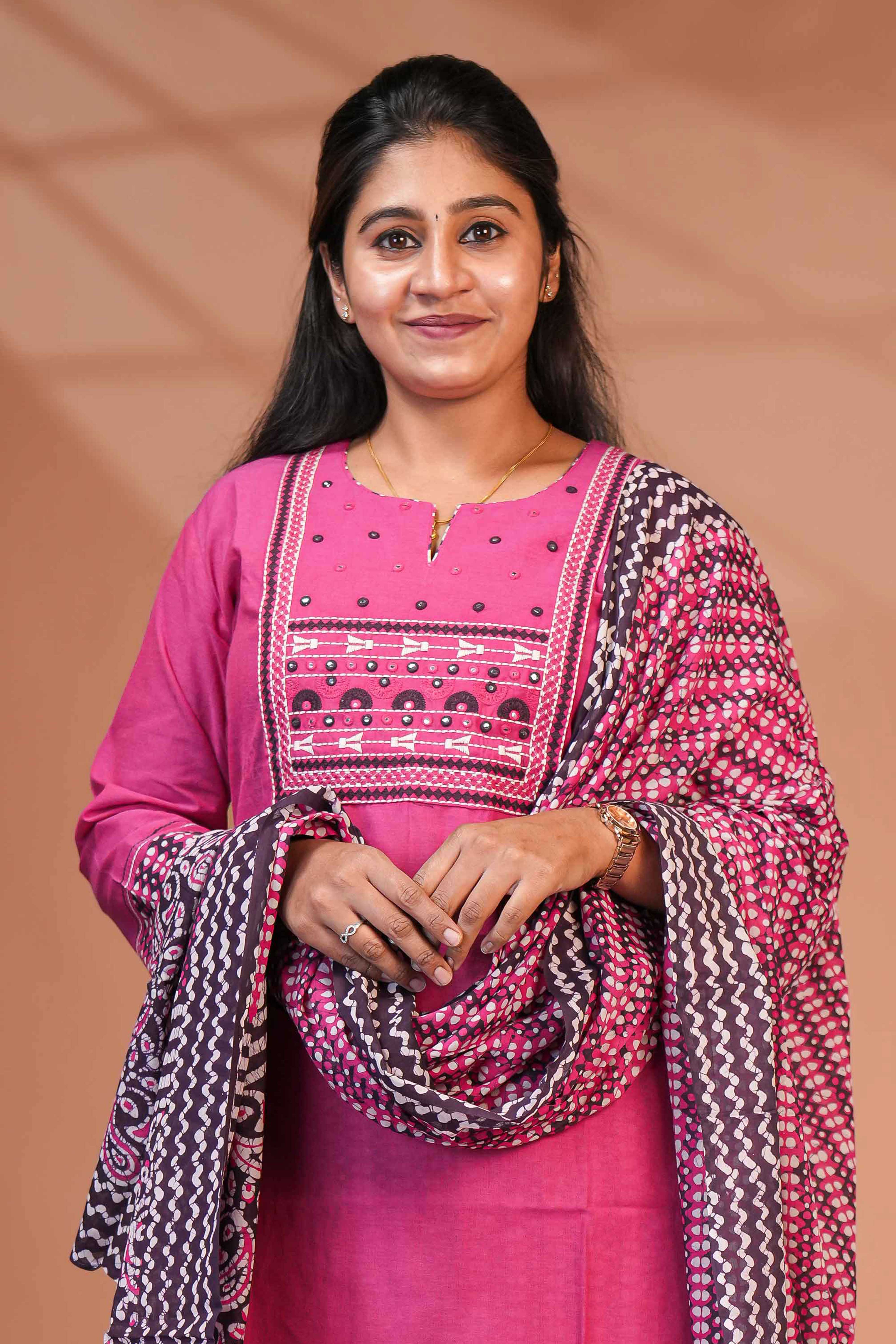 Pink embroidery mirror work design round neck salwar set with 3/4th sleeve, printed bottom and dupatta