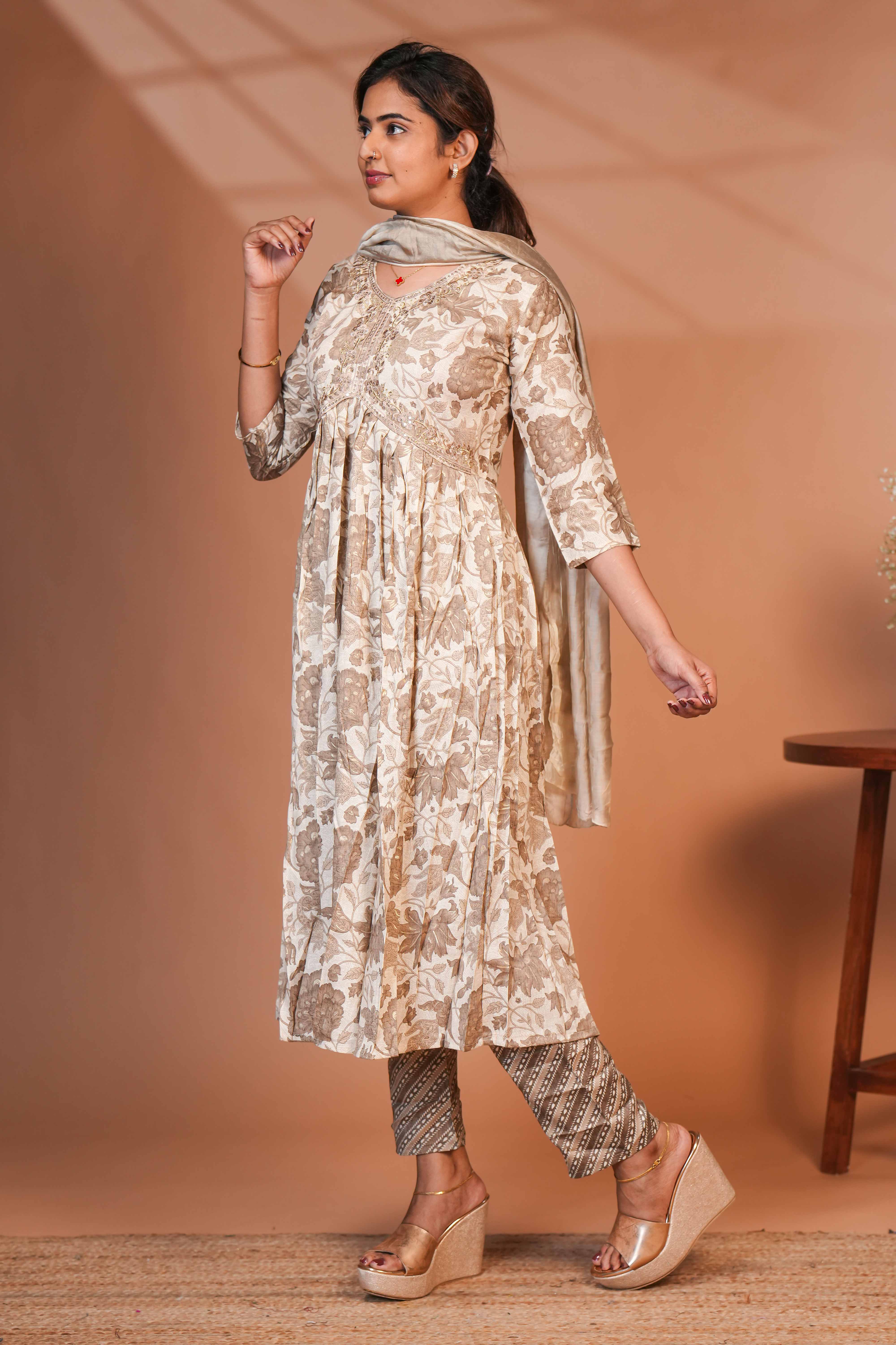 Sandal embroidery floral design anarkali with contrast bottom and matching dubatta