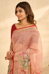 Peach Linen Sarees With Aari Work And Digital Printed
