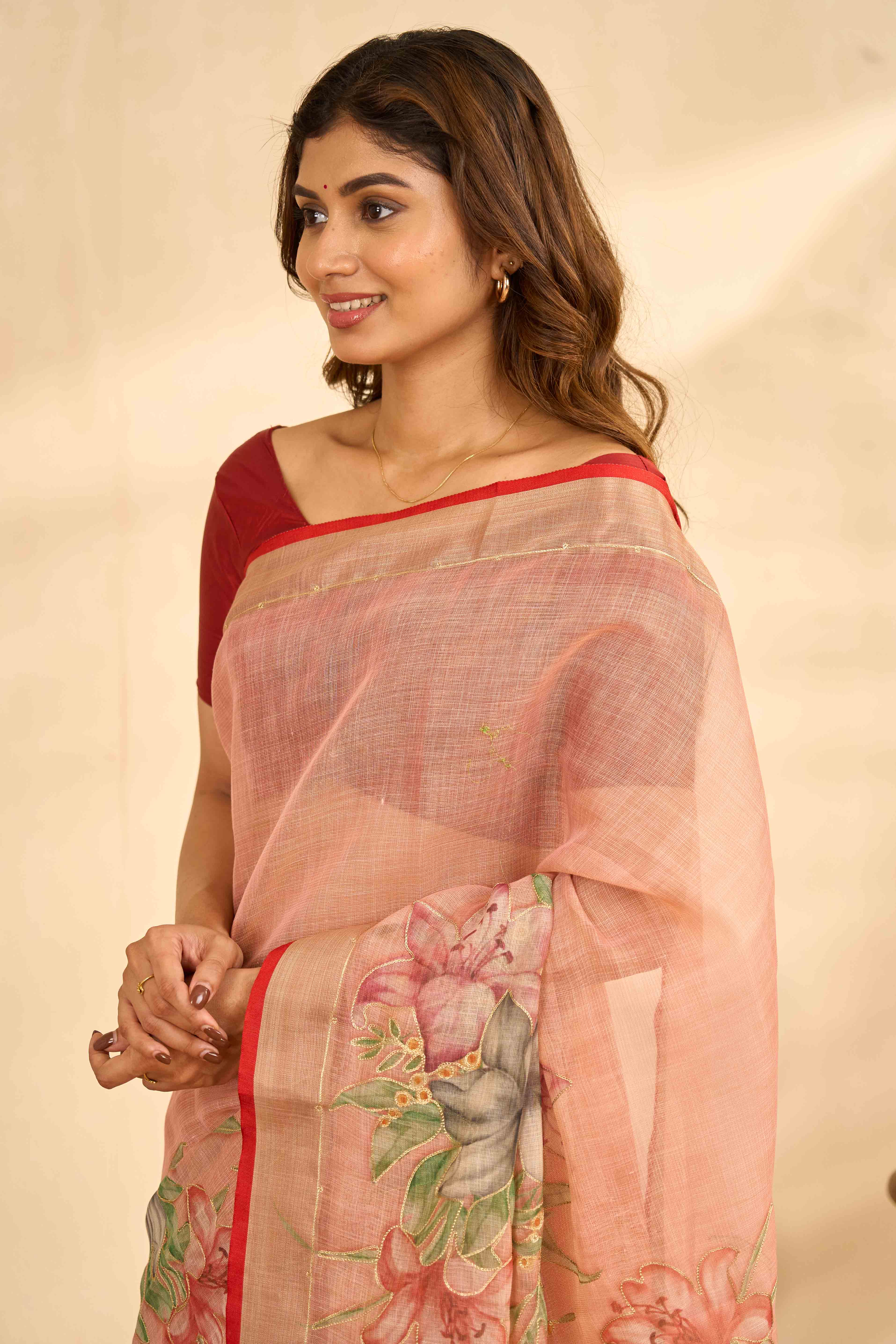 Peach Linen Sarees With Aari Work And Digital Printed