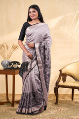 gray saree with gold zari border