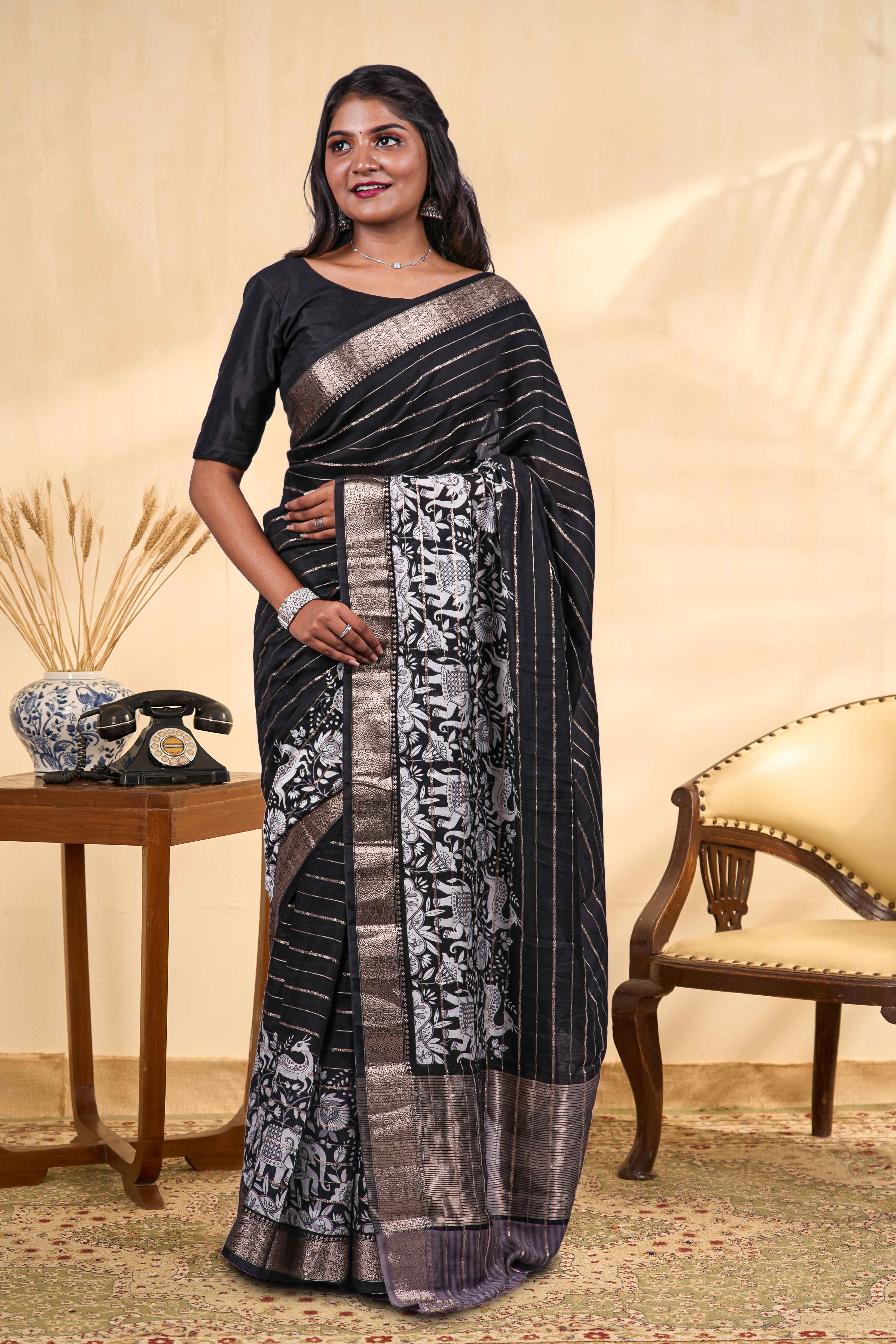 kalamkari saree with gold zari border