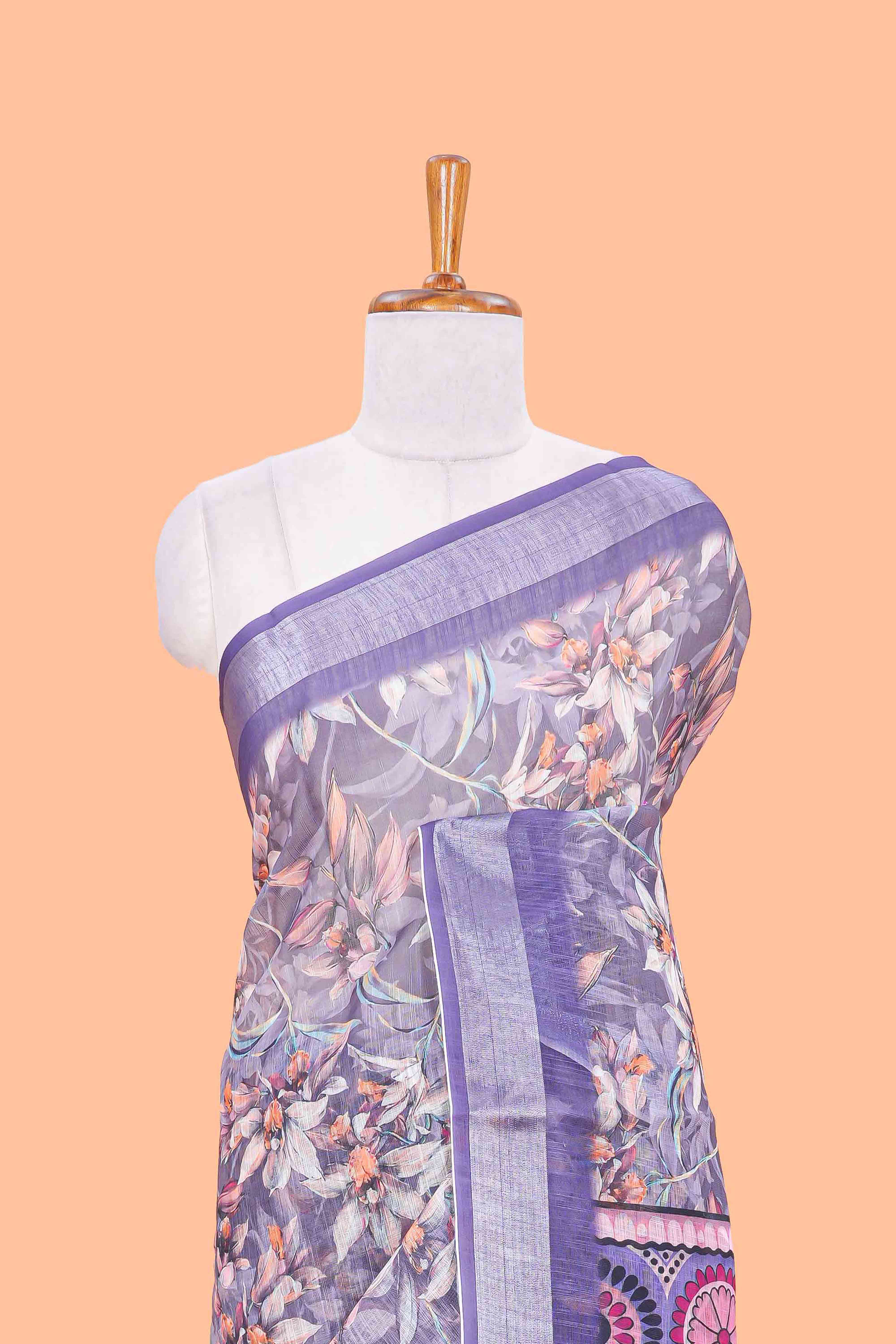 lavender contrast pallu linen cotton