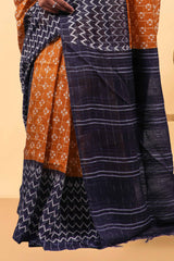 linen festive saree in orange and blue