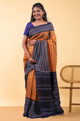 linen festive saree in orange and blue with butta design