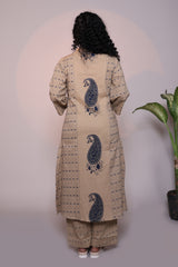 Light brown floral motifs 3/4 slevee salwar suit with matching pant and printed dupatta