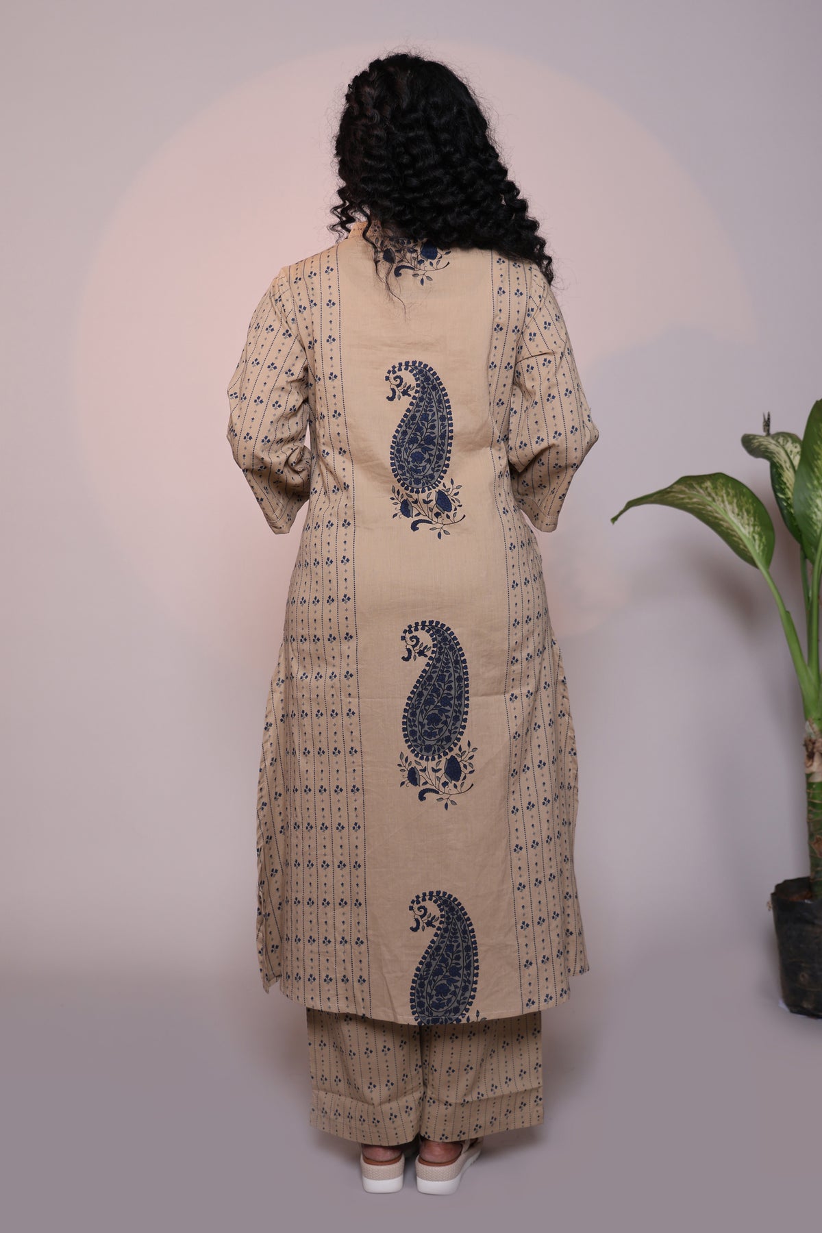 Light brown floral motifs 3/4 slevee salwar suit with matching pant and printed dupatta