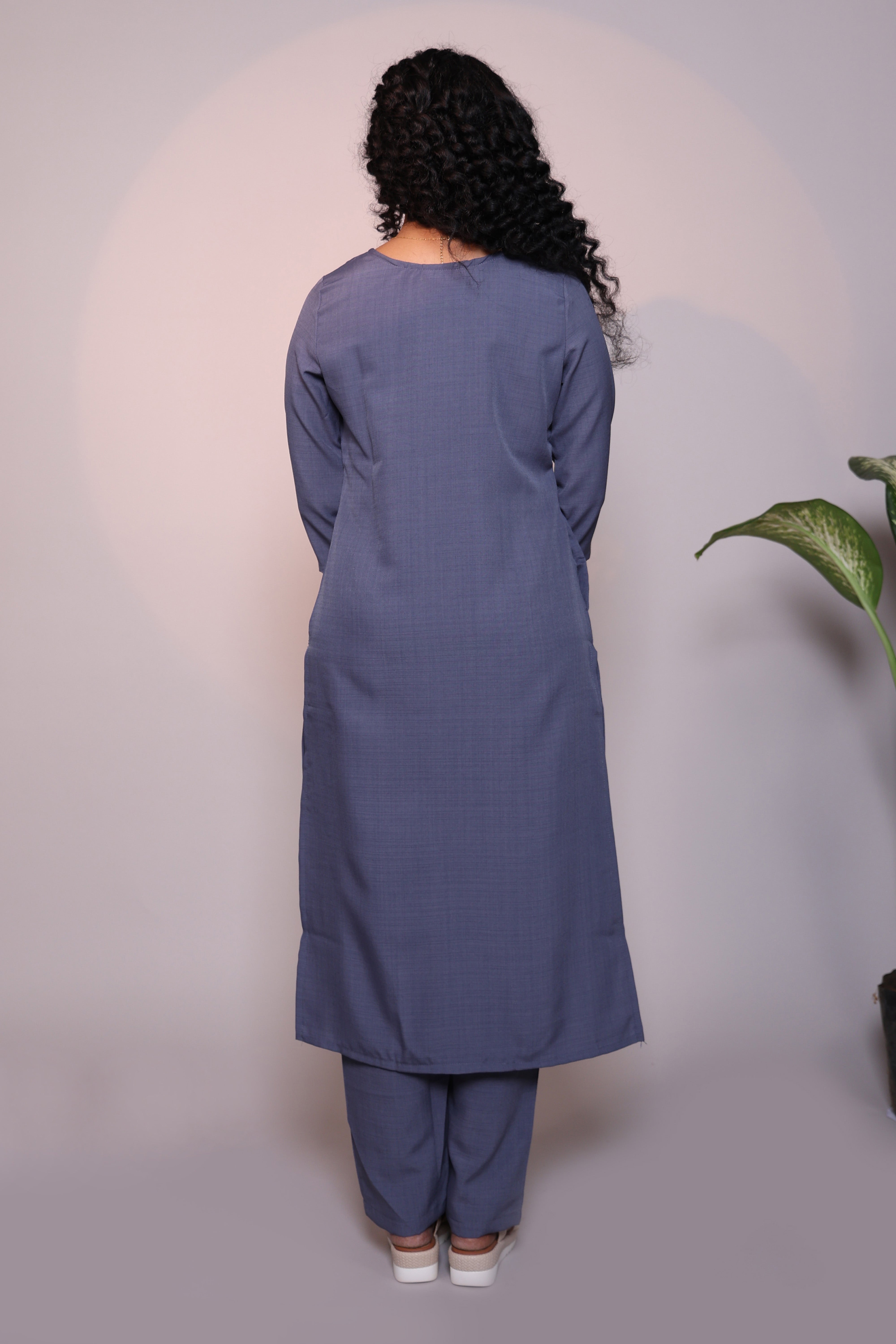 Grey plain 3/4 slevee salwar suit with matching pant and floral printed dupatta