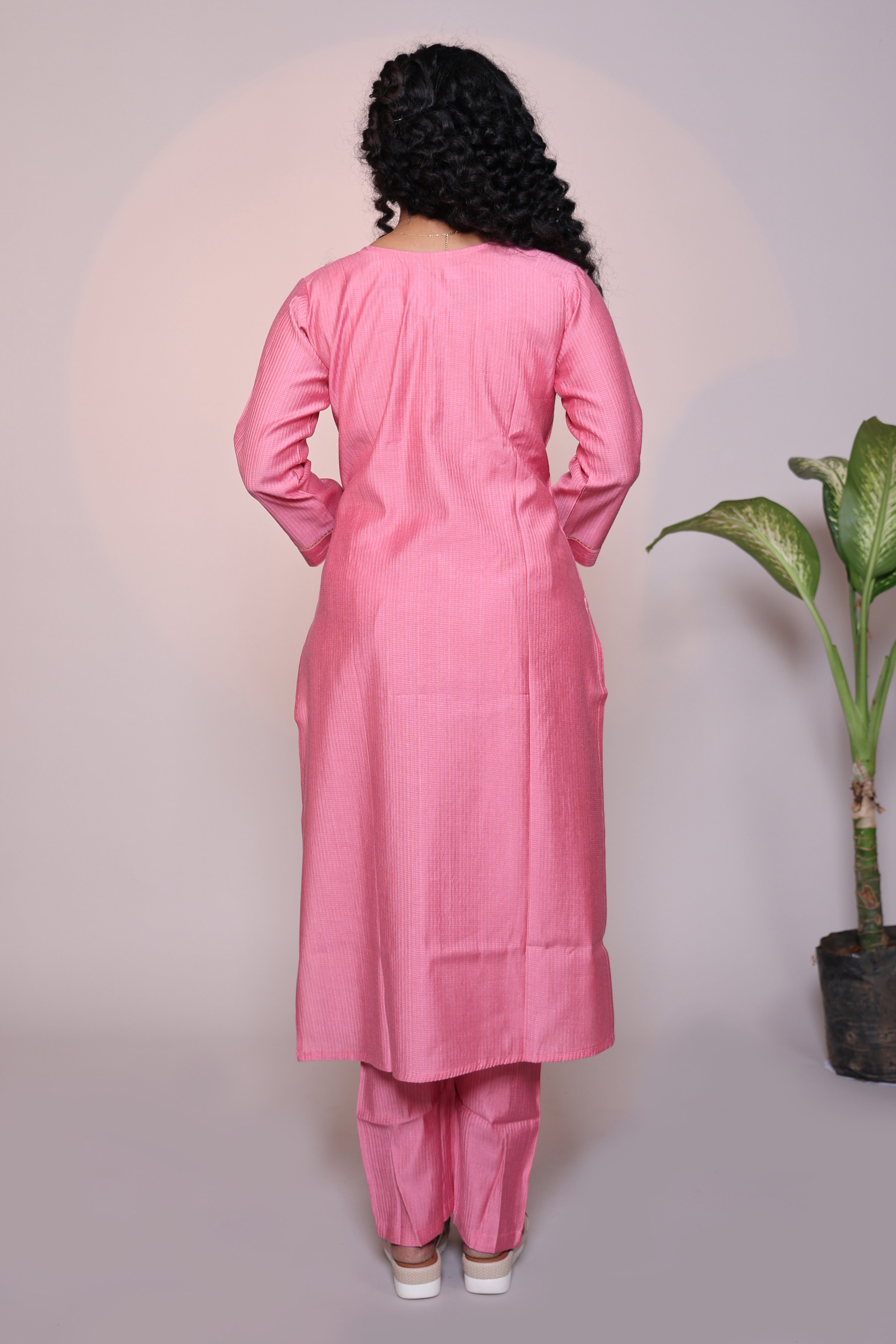 Pink embroidery 3/4 slevee salwar suit with matching pant and floral printed dupatta