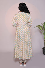 Off white floral motifs 3/4 slevee salwar suit with matching pant and printed dupatta