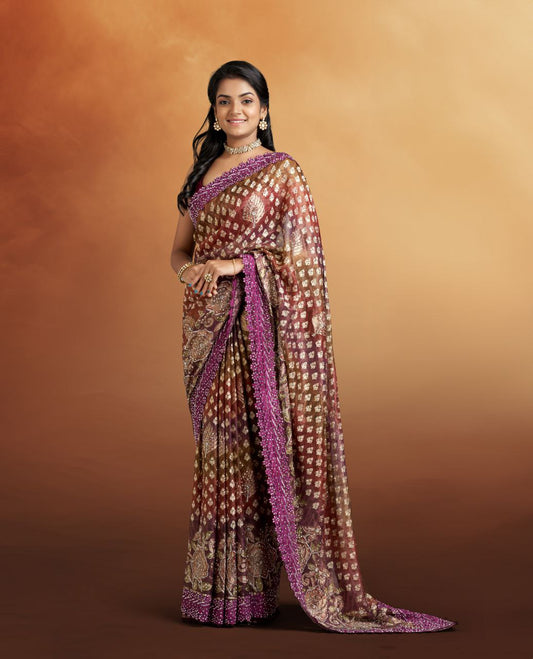 Wine Color Net Saree with Heavy Floral Design work