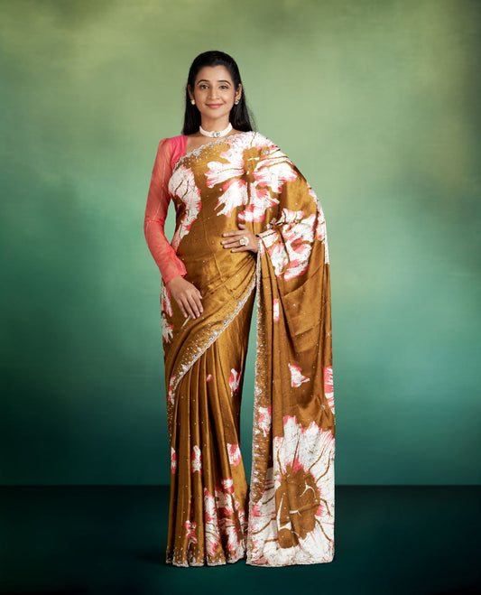 Mustard Color Satin Saree with Floral Design with Stone Border