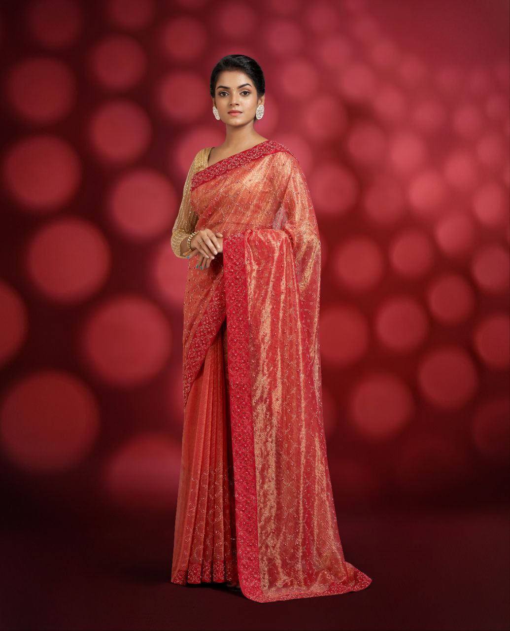 Red net saree with gold color stonework