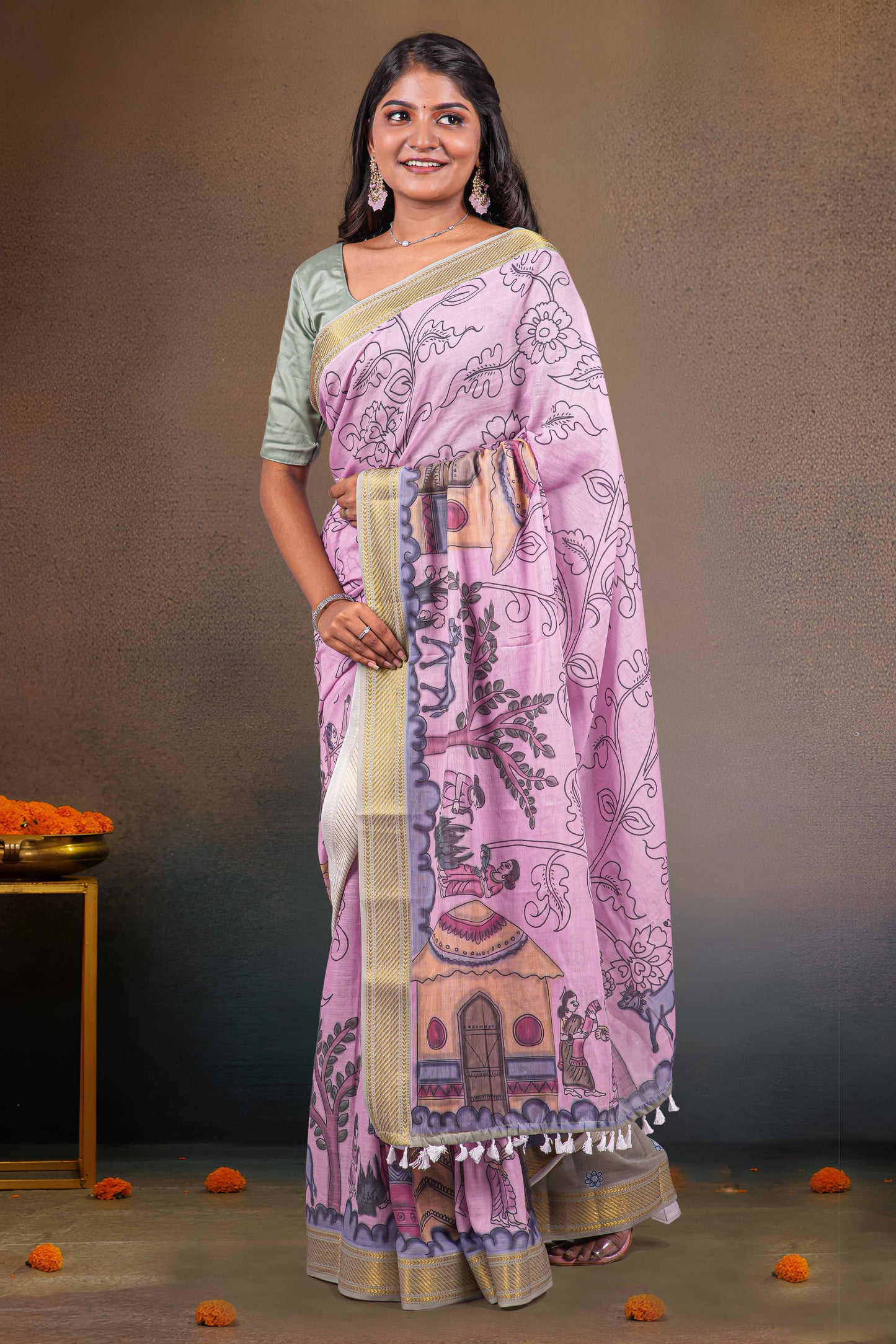pink & grey contrast pallu linen