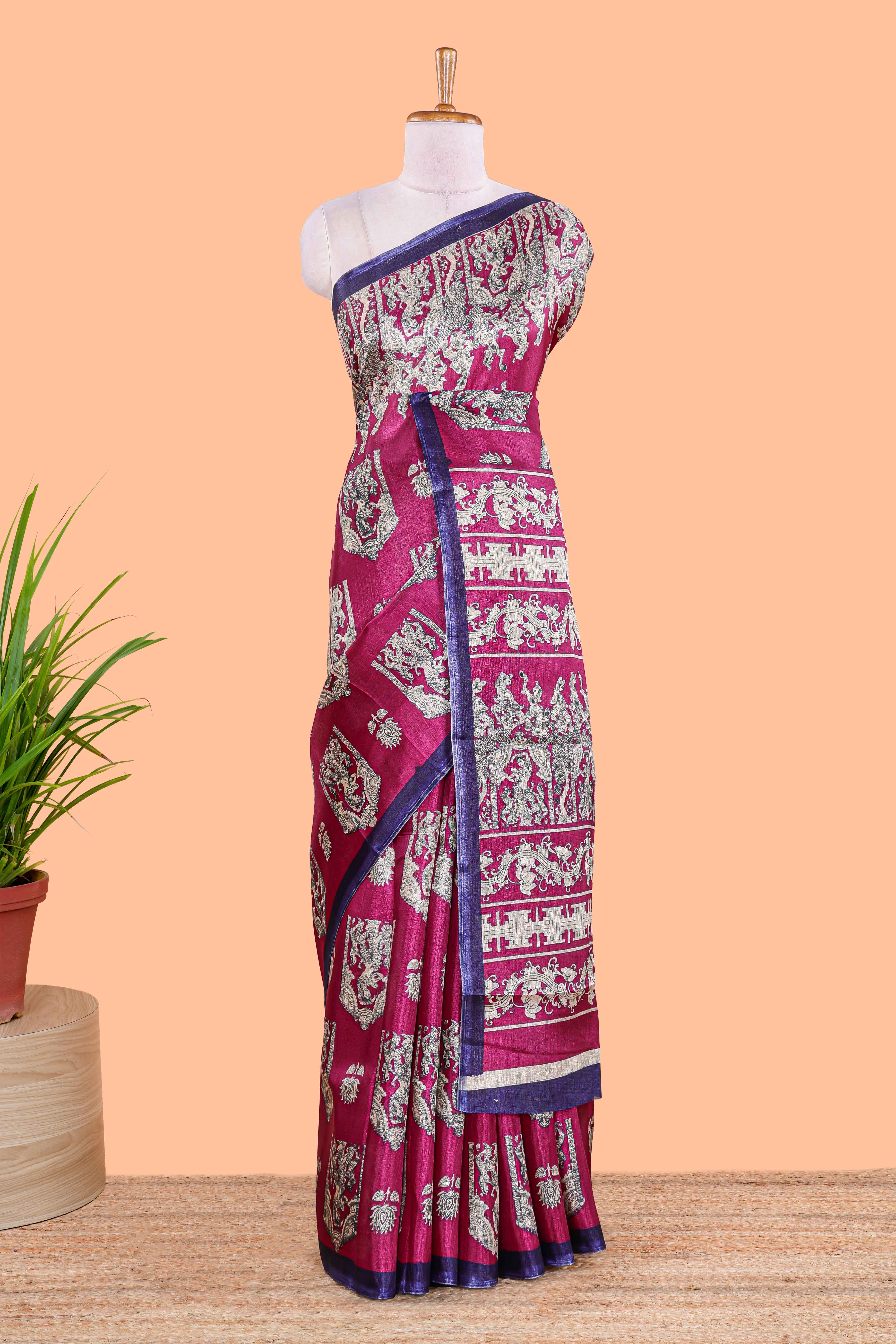 pink kalamkari print saree