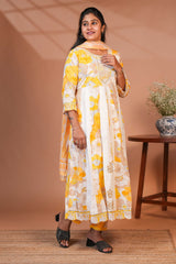 Yellow floral printed A line anarkali 3/4th slevee with round neck matching bottom