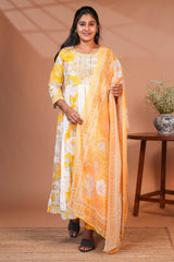 Yellow floral printed A line anarkali 3/4th slevee with round neck matching bottom
