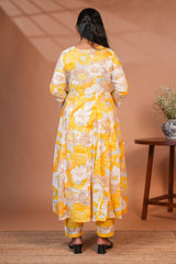 Yellow floral printed A line anarkali 3/4th slevee with round neck matching bottom