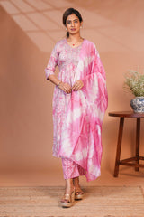 Pink embroidery floral design A line anarkali with self bottom and matching dubatta