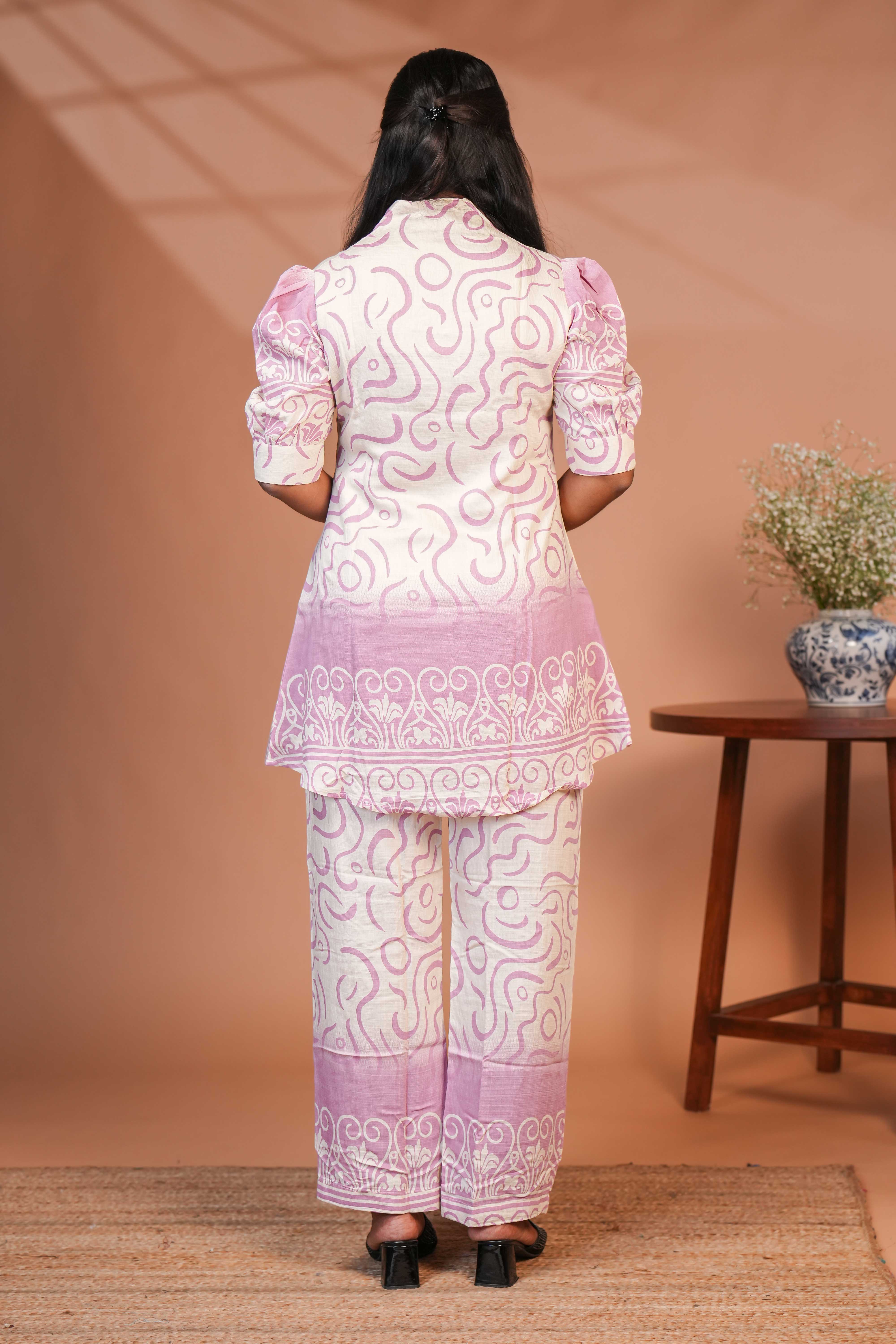 Cream swirl design queen anne neck salwar set with puff sleeve, self printed bottom