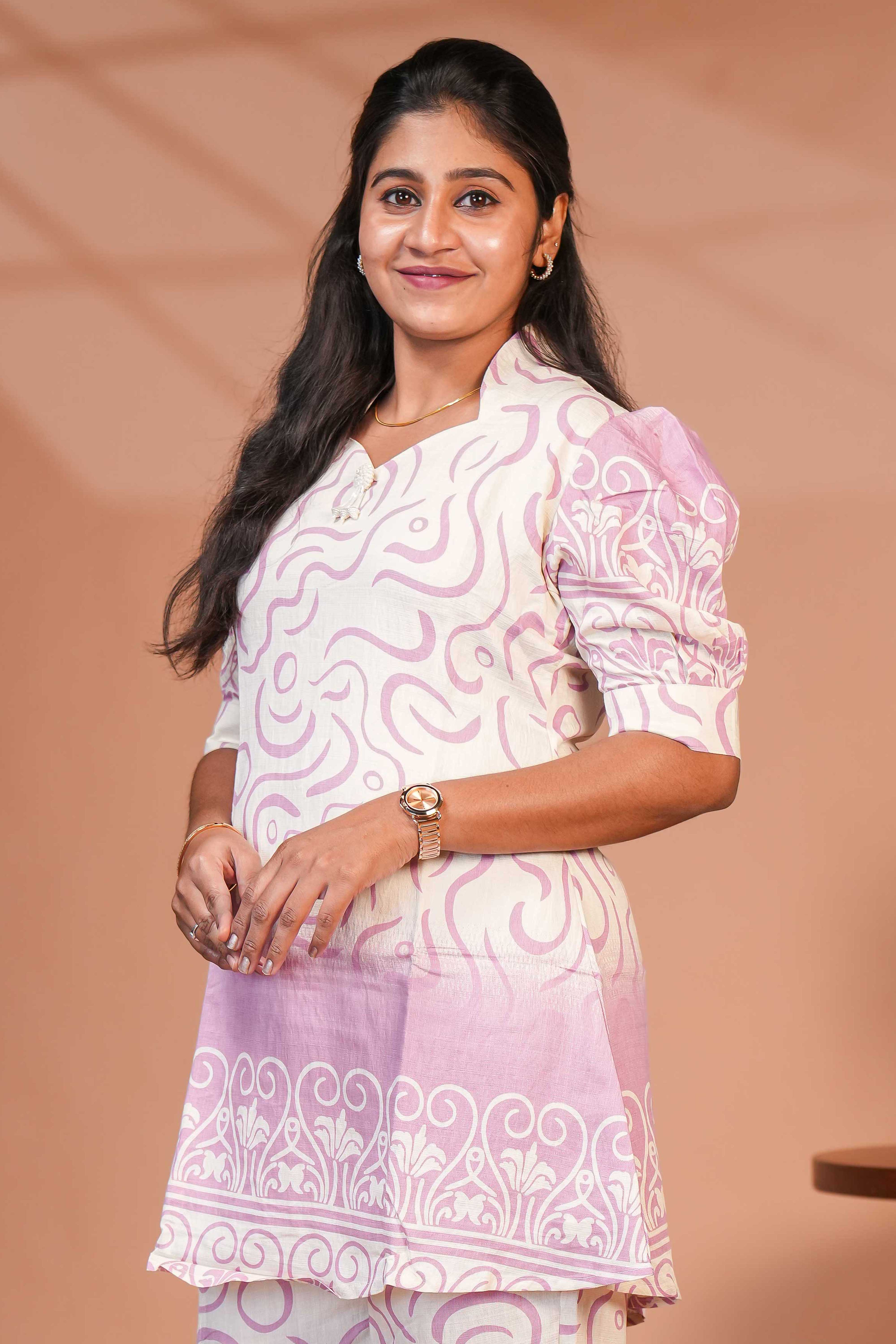 Cream swirl design queen anne neck salwar set with puff sleeve, self printed bottom