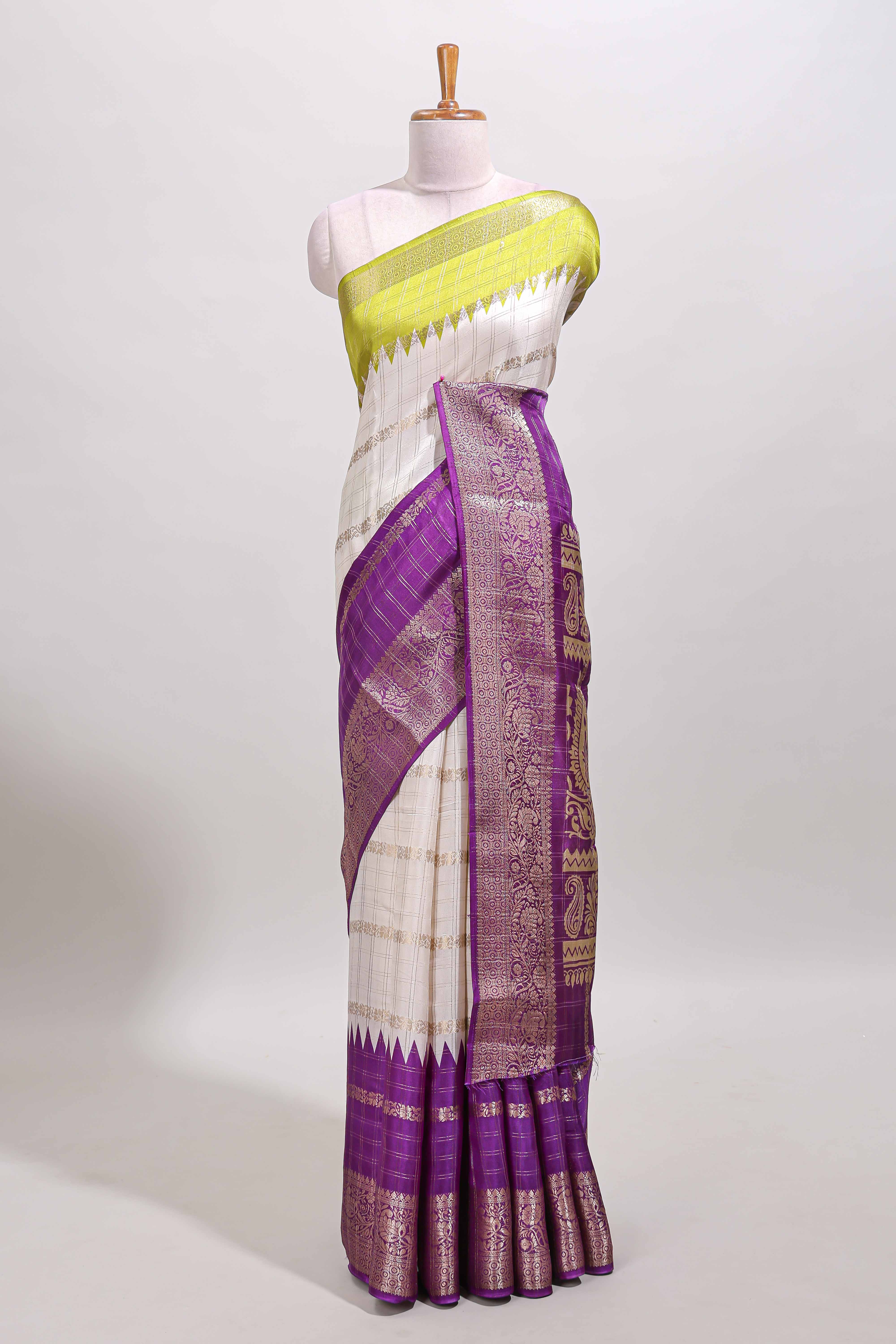 yellow and violet color dola silk woven saree