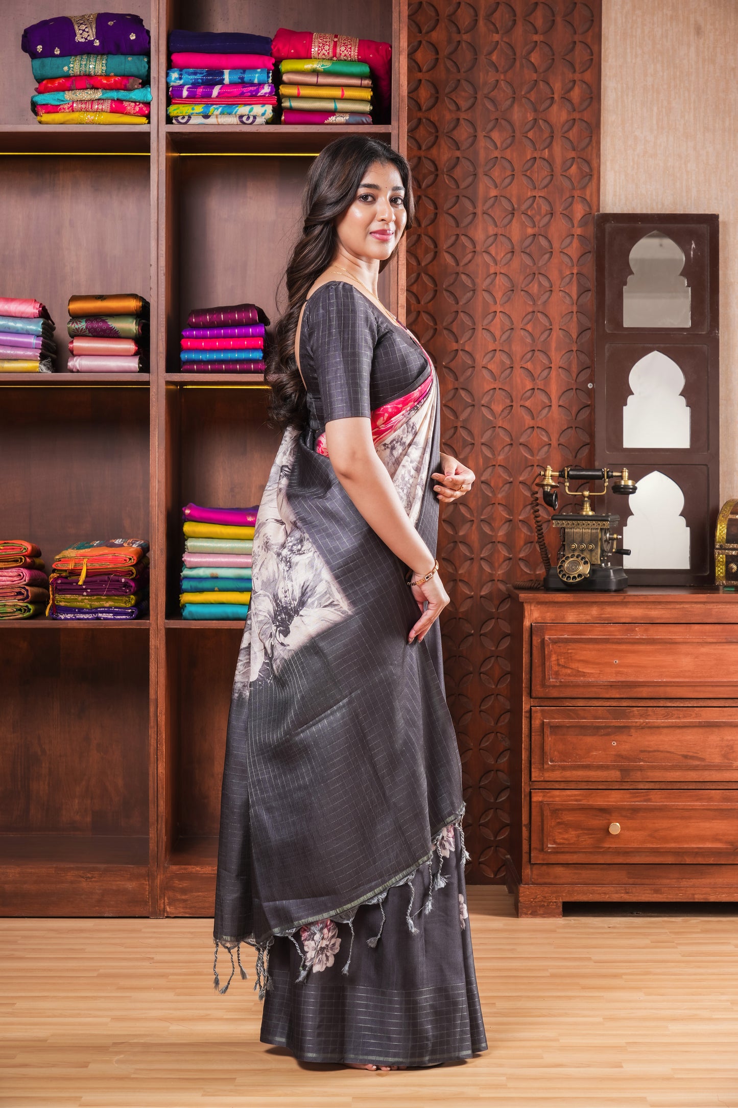 Black Art Tusser Saree Floral Design Across The Body With Contrast Pallu Along With Blouse