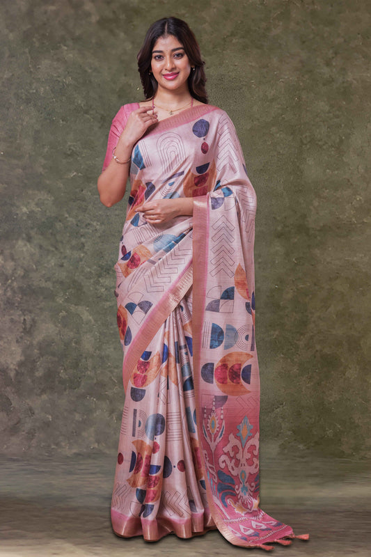 Sandal Dola Silk Saree Multi Color Geometric Print Across The Body With Shibori Floral Print Pallu Along With Zari Border