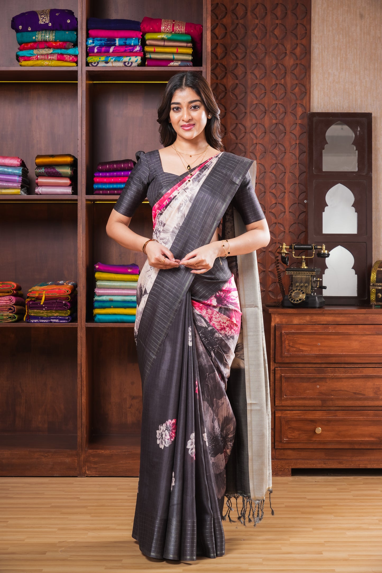 Black Art Tusser Saree Floral Design Across The Body With Contrast Pallu Along With Blouse