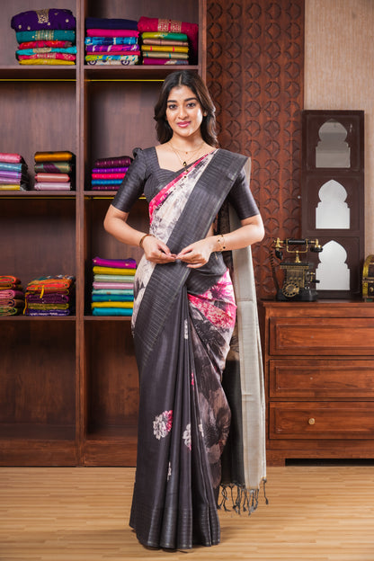 Black Art Tusser Saree Floral Design Across The Body With Contrast Pallu Along With Blouse