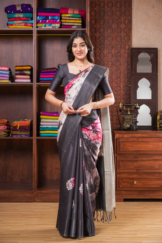 Black Art Tusser Saree Floral Design Across The Body With Contrast Pallu Along With Blouse